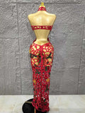 Women Sleeveless Sexy Hollow Out Shinning Rhinestones Bodycon Long Dress Backless Celebrate Nightclub Party Celebrity Stage Wear