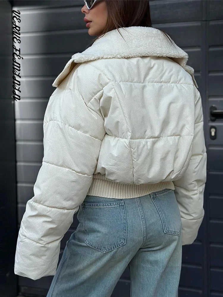 Lapel Spliced Short Padded Jackets Women Elegant Lantern Long Sleeve Pocket Ruched Autumn Winter Coats Fashion Ladies Outerwears