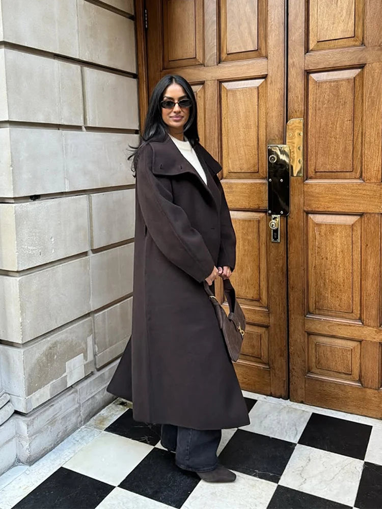 Women's Long Coats Side Placket Waist Cinching Shoulder Pad Woolen Jacket Street Female Lapel Slim Coat New Chic Lady Outerwears