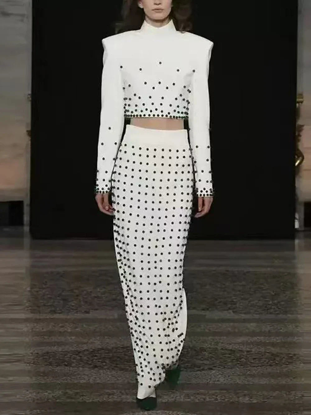 Women'S Black And White Beaded Short Top+Long Skirt Bandage Two-Piece Set Elegant Evening Party Female Outfit New