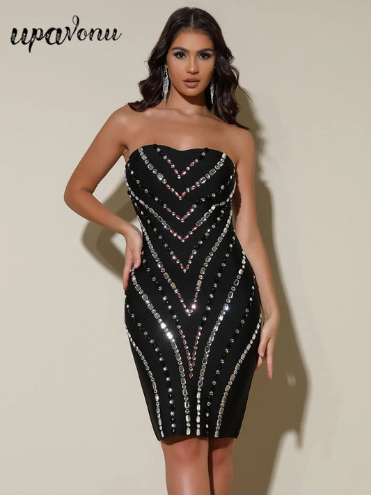 2025 Spring Women's Light Luxury Nail Bead Bandage Dress Strapless Sleeveless Bodycon Bareback Mini Dress Evening Party Vestidos