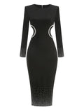 2024 Autumn Women's Heavy Industry Rivet Bandage Dress O-neck Long Sleeve Bodycon Hollow Black Midi Dress Evening Party Vestidos