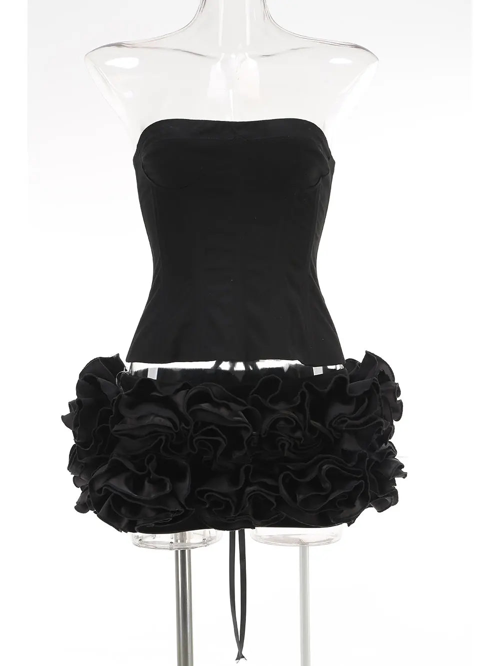 2024 Sexy Women'S Floral Mini Skirt Set Strapless Sleeveless Fishbone Backless Drawstring Vest+Mini Skirt Two-Piece Set black