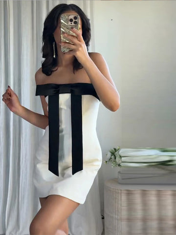 Women's Evening Dresses Bow Strapless Sleeveless Backless Slim Short Dress Panelled Waist Cinching Partywear New LadyBeachwear