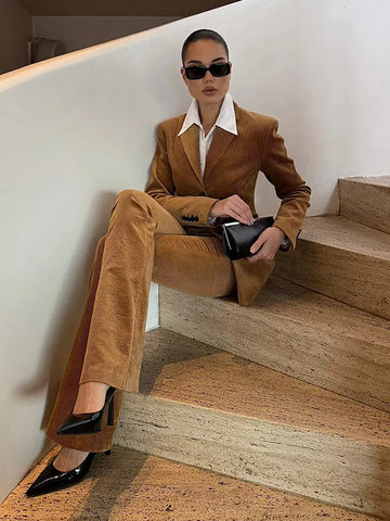 Women's 2 Pcs Suits Slim Velvet Blazer Pants Sets New Office Lady Lapel Long Sleeve Waist Cinching Coats Fashion Ladies Outfits