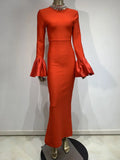 2024 Women's Light Luxury Beaded Elegant Bandage Dress Stand Collar Horn Sleeve Bodycon Long Dresses Evening Club Party Vestidos Red