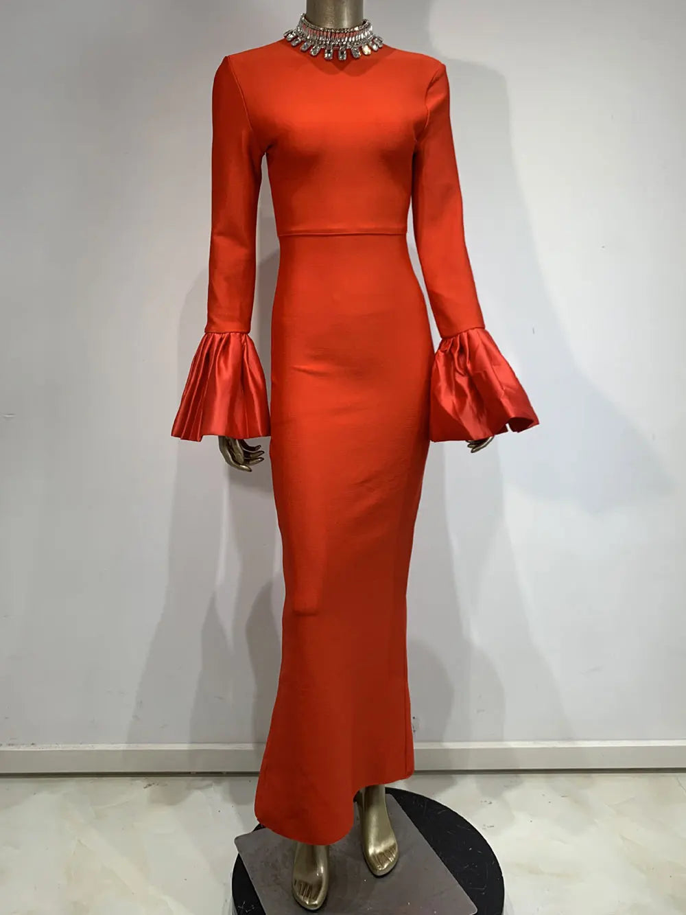 2024 Women's Light Luxury Beaded Elegant Bandage Dress Stand Collar Horn Sleeve Bodycon Long Dresses Evening Club Party Vestidos Red