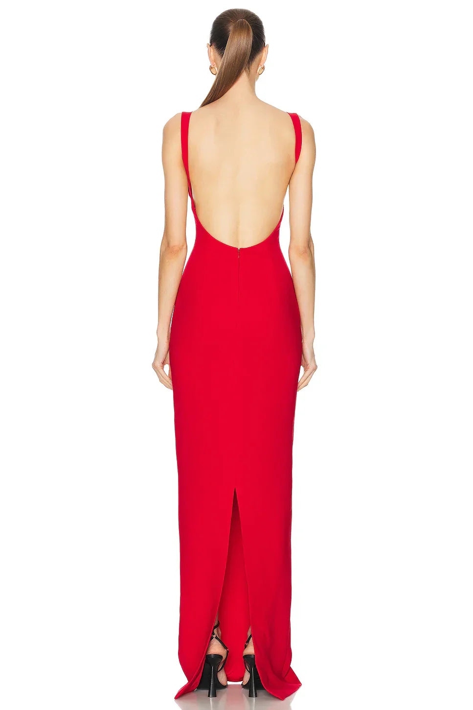 Red Color Women Sleeveless V-Neck Backless Bodycon Long Bandage Dress Celebrate Evening Party Birthday Outfit Vestido