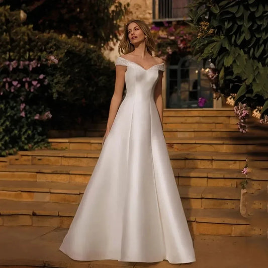 Elegant Princess Wedding Dress Off The Shoulder Beads Sequins Satin A Line Bride Bridal Formal Grown Vestidos De Noiva