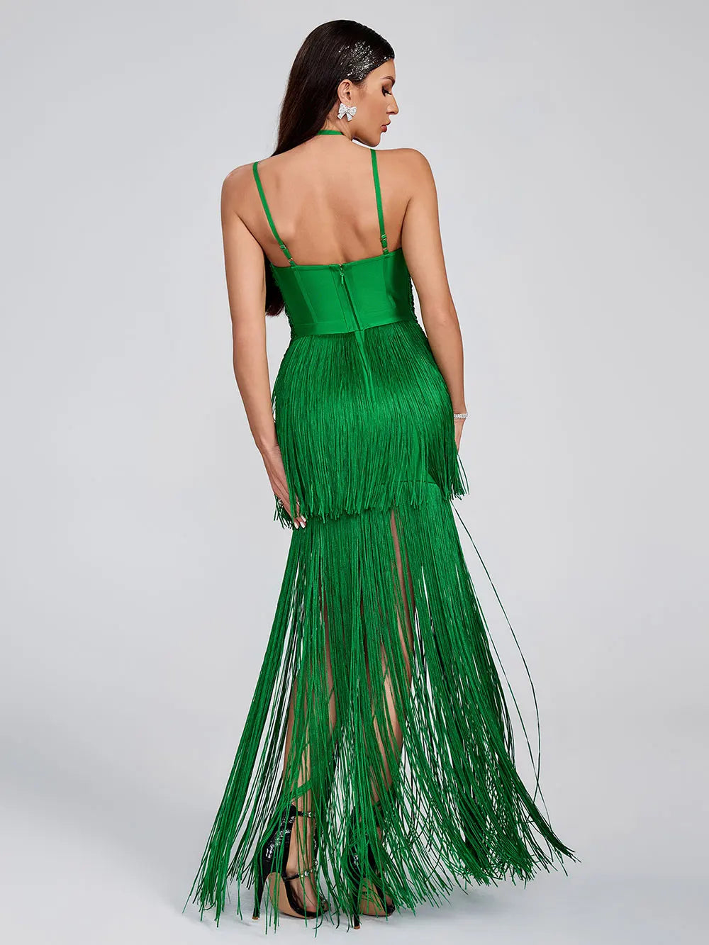 Women Tassel Design Bandage Long Dress Hanging Neck Sleeveless Bodycon Backless Dress Celebrity Evening Club Party Vestidos