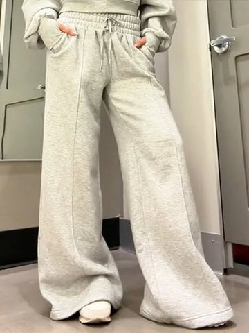 Round Neck Hoodies Pants Suits Women Casual Lantern Long Sleeve Crop Tops Lace Up Wide Leg Trousers Fashion Office Lady Outfits