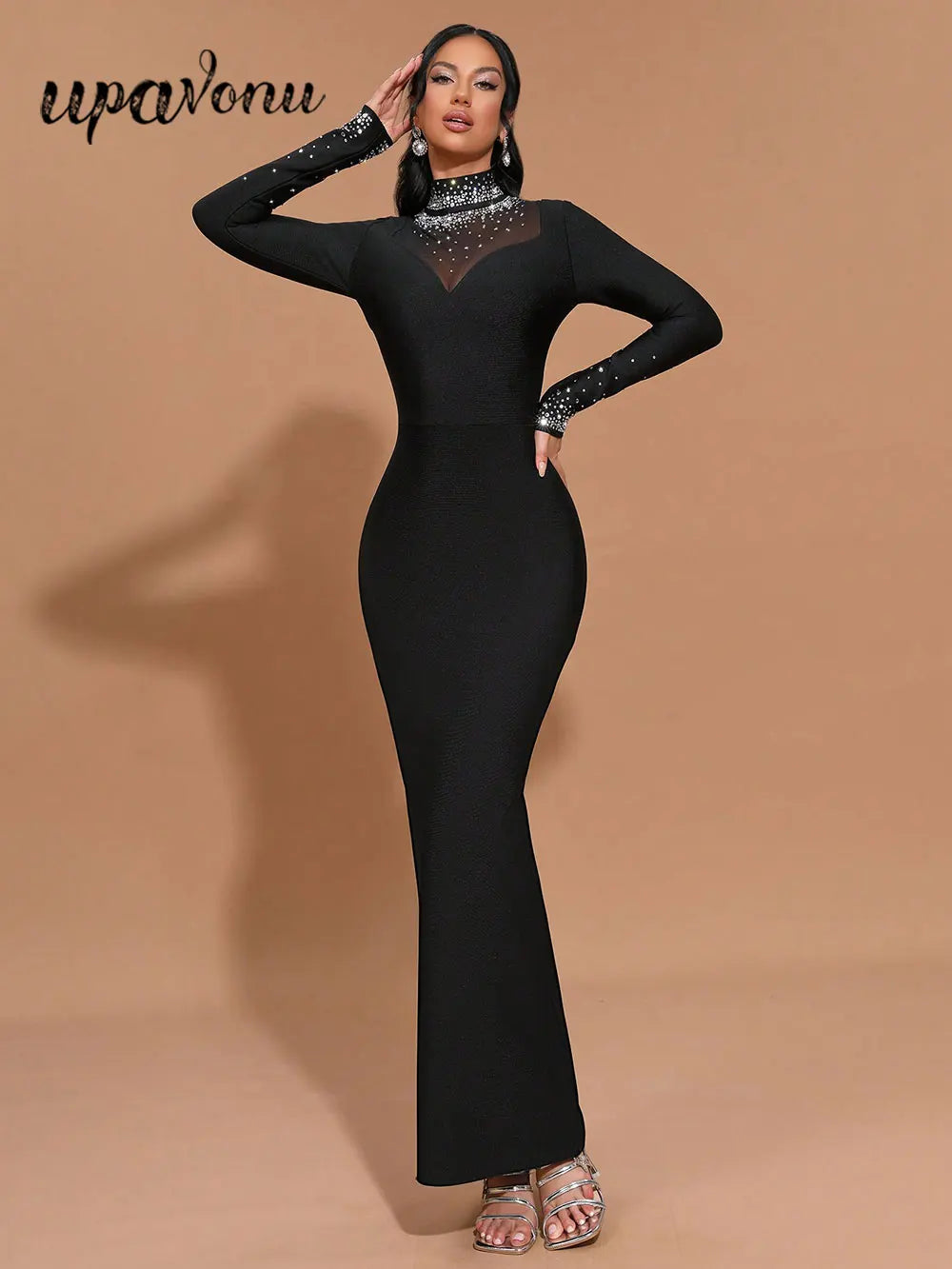 2025 Women's Light Luxury Hot Diamond Bandage Dress High Collar Long Sleeve Patchwork Bodycon Long Dress Evening Party Vestidos