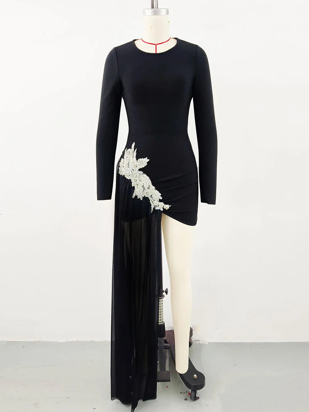 2024 Sexy Women's Asymmetric Dresses O-neck Long Sleeve Diamond Decoration Bodycon Mini Dress Cocktail Evening Party Vestidos black