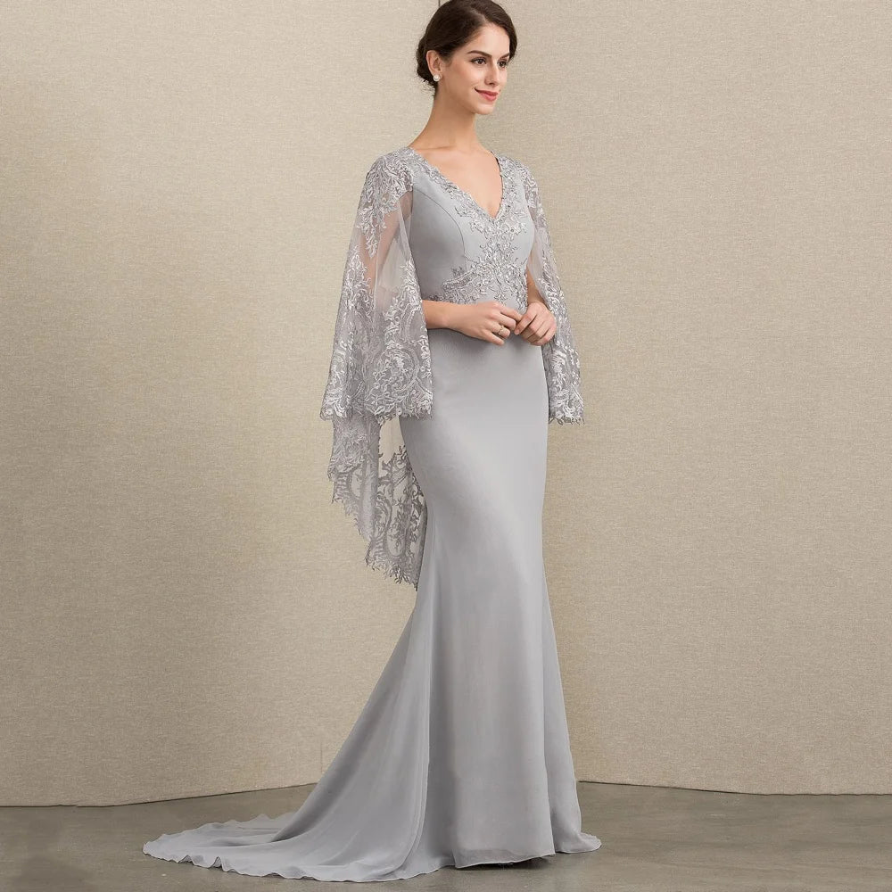 Mother Dresses Vintage Customized Mermaid V Neck Bride Party Dress Lace Formal Occasion Gown Applique robes invitée mariage