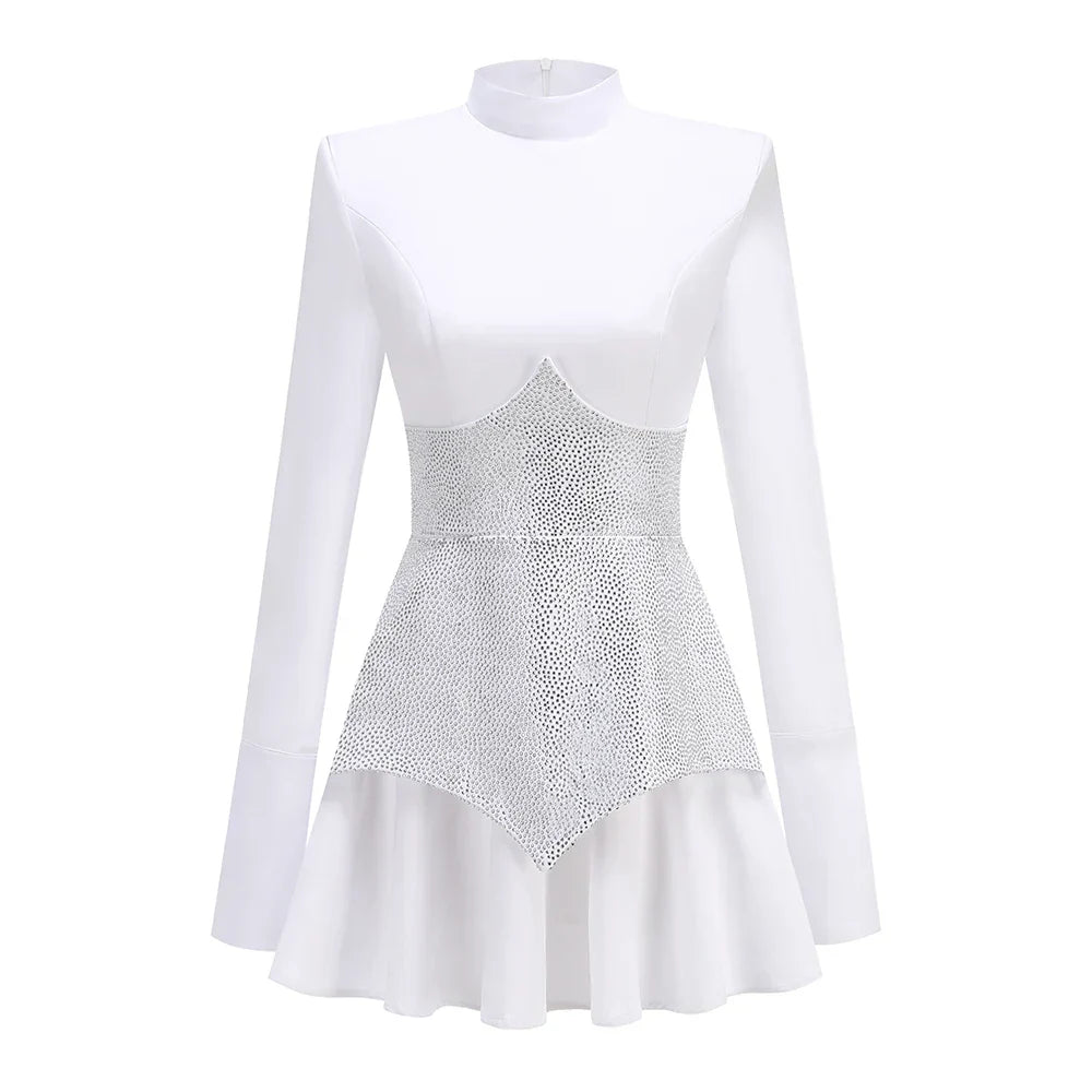 New Arrival Black Red Women Long Sleeve Shinning Rhinestones A-Line Mini Dress Christmas Nightclub Party Celebrate Dress WHITE