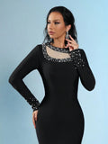 2025 Elegant Women's Nail Bead Patchwork Bandage Dress O-neck Long Sleeve Bodycon Black Long Dress Evening Club Party Vestidos