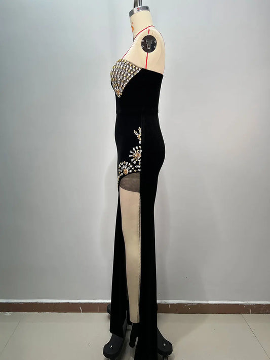 2025 Spring Women's Light Luxury Nail Bead Velvet Dress Strapless Sleeveless Bodycon Split Body Long Dress Evening Party Vestido