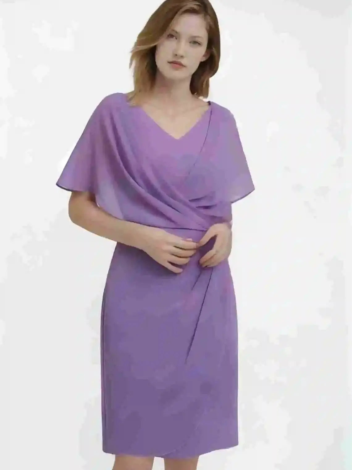 Mother Of The Bride Gown - Elegant Mother of the Bride Dress V Neck Chiffon Knee-Length Short Sleeve Ruffles Wedding Guest Dress 2025 Free Customized Purple