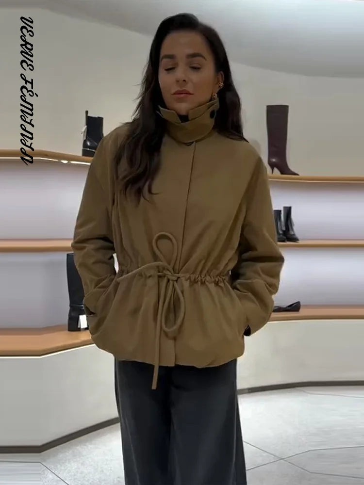 Lapel Full Sleeve Drawstring Slim Bomber Jacket Women Elegant Stand Collar Waist Cinching Coat Autumn 2025 New Ladies Outerwear