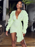 2022 New Yellow Green Women Butterfly Sleeve Sexy Deep V-Neck Bodycon Mini Dress Fashion Nightclub Party Dress