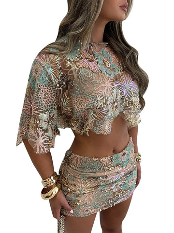 Transparent Embroidery Sequined Top Short Skirt Suits Women Sexy O-neck Short Sleeve Irregular Crop Tops Summer Vocation Outfits