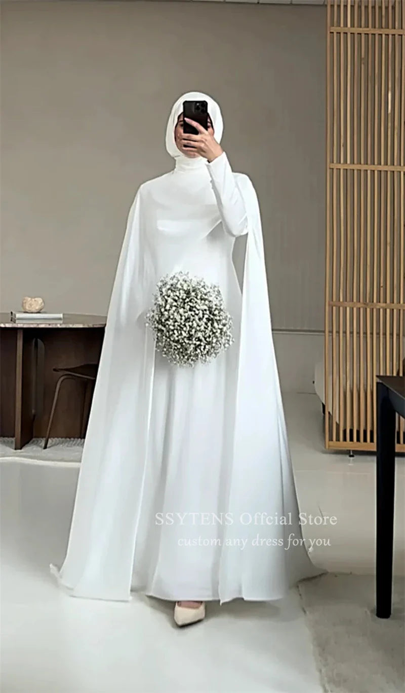 Modest Muslim Wedding Dresses High Neck Bride Dress Women Long Sleeves Customized White Civil Bride Bridal Gowns