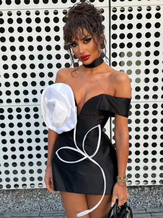 2024 Sexy Women's 3D Flower Bandage Dress Shoulderless Short Sleeve Bodycon Backless Mini Dress Cocktail Evening Party Vestidos