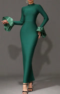 2024 Elegant Women's Black Maxi Dress Stand up Neck Flare Sleeves Bodycon Bandage Long Dresses Cocktail Evening Party Vestidos green