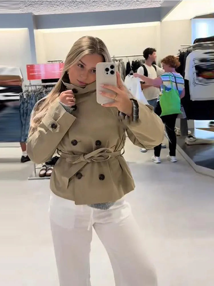 Elegant Solid Slim Women Jacket Stand Collar Long Sleeve Double Breasted Lace Up Patchwork Coats New Early Autumn Lady Outerwear