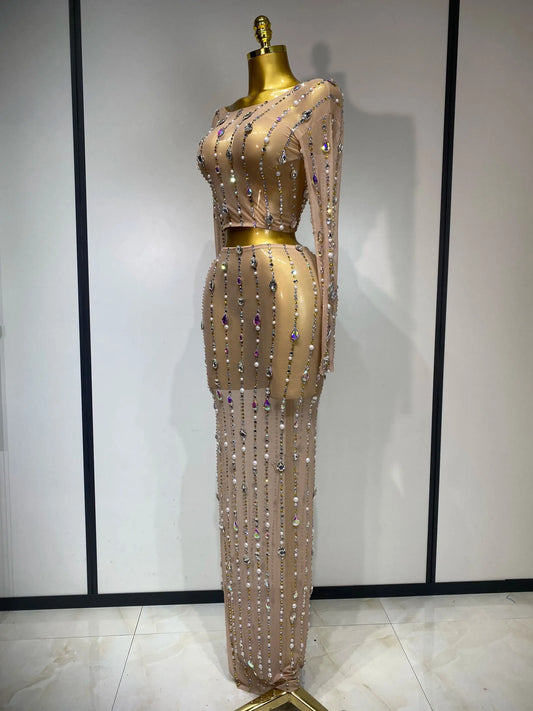 Women Sparkly Rhinestones Top Long Skirt Two Pieces Set Singer Dancer Nightclub Stage Performance Costume Luxury Birthday Dress