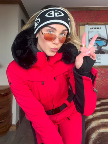 Women's Ski Suits Panelled Hooded With Belt Skiwear Sporty Female Stand Collar Slim One-piece Winter Warm Sportwear New Bodysuit