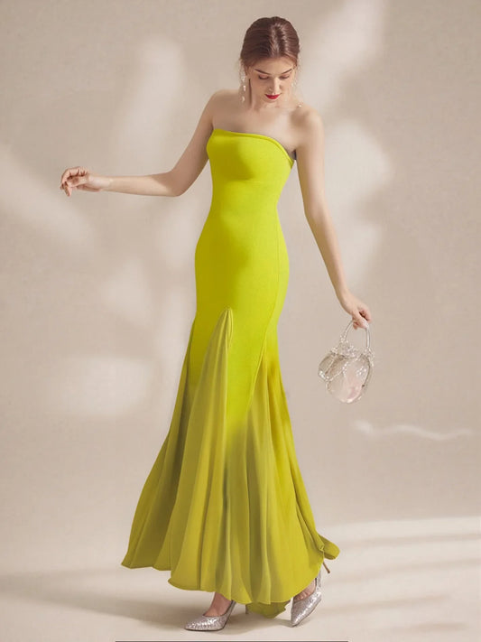 New Fashion Yellow Color Women Sexy Strapless Bodycon Bandage Long Dress Celebrate Birthday Party Evening Outfit Wholesale