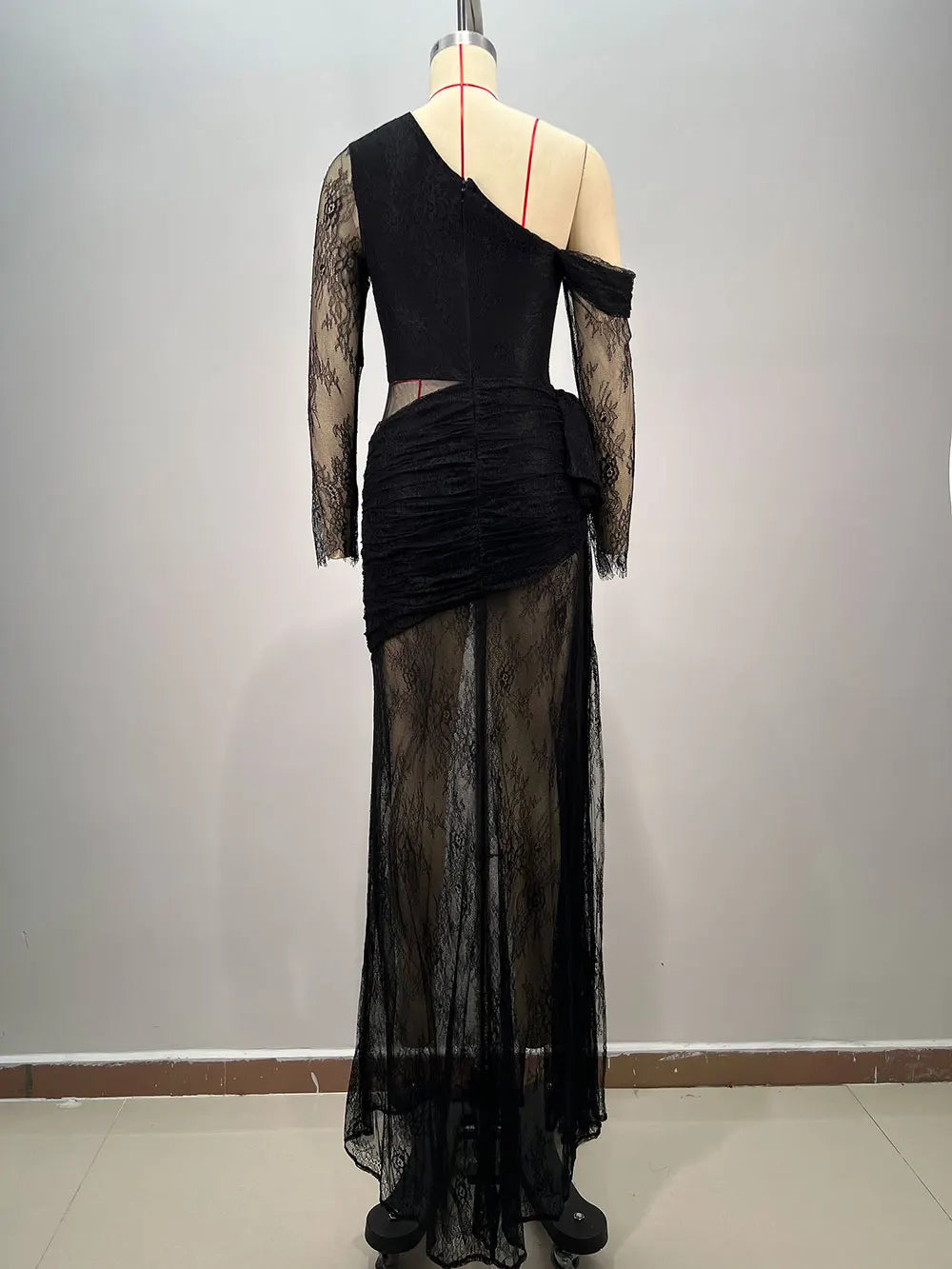 Women's Light Luxury Lace Maxi Dress Diagonal Collar Lace Long Sleeve Bodycon Draped Split Sexy Long Dresses Party Vestidos