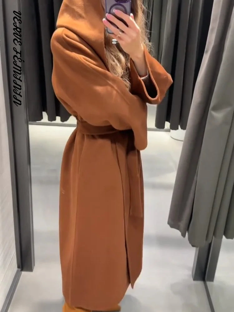 Women's Long Coats Hooded Sashes Woolen Overcoats Autumn 2025 Full Sleeve Lace Up Slim Bomber Jacket Chic Office Lady Outerwears
