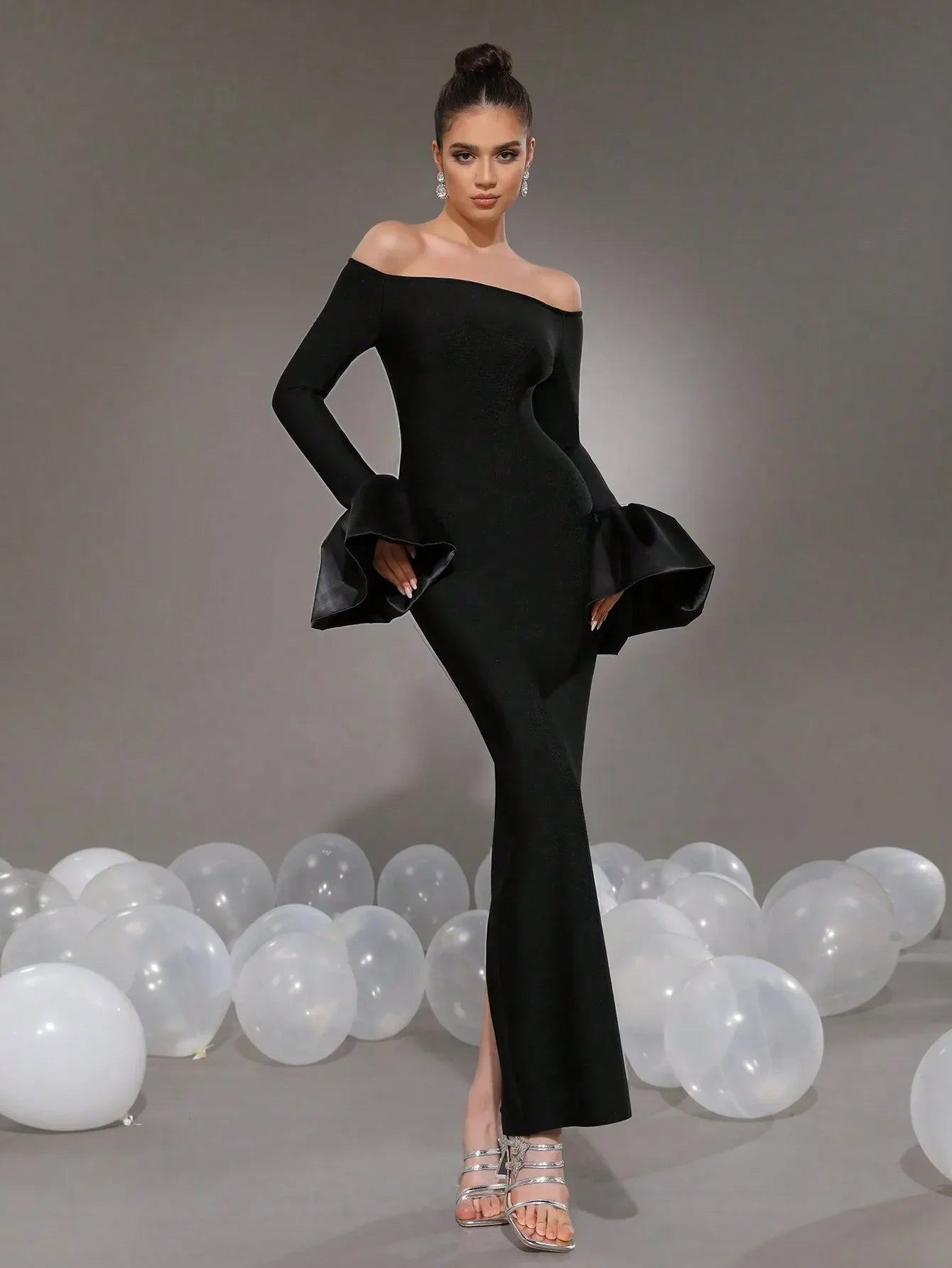 2024 Elegant Women's Black Maxi Dress Stand up Neck Flare Sleeves Bodycon Bandage Long Dresses Cocktail Evening Party Vestidos Black 2