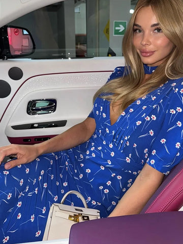 Deep V-neck Shoulder Pad Printed Long Dress Women Elegant Short Sleeve Waist Cinching Slim Evening Dresses New Ladies Streetwear