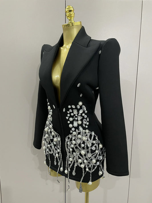 Sparkly Crystal Chains Pearls Long Sleeve Mini Dress Women Birthday Evening Party Nightclub Outfit Singer Wedding Costume