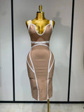 Women Sexy V Neck Striped Midi Bandage Bodycon Dress Celebrity Elegant Evening Club Party Luxury Birthday Outfit Khaki
