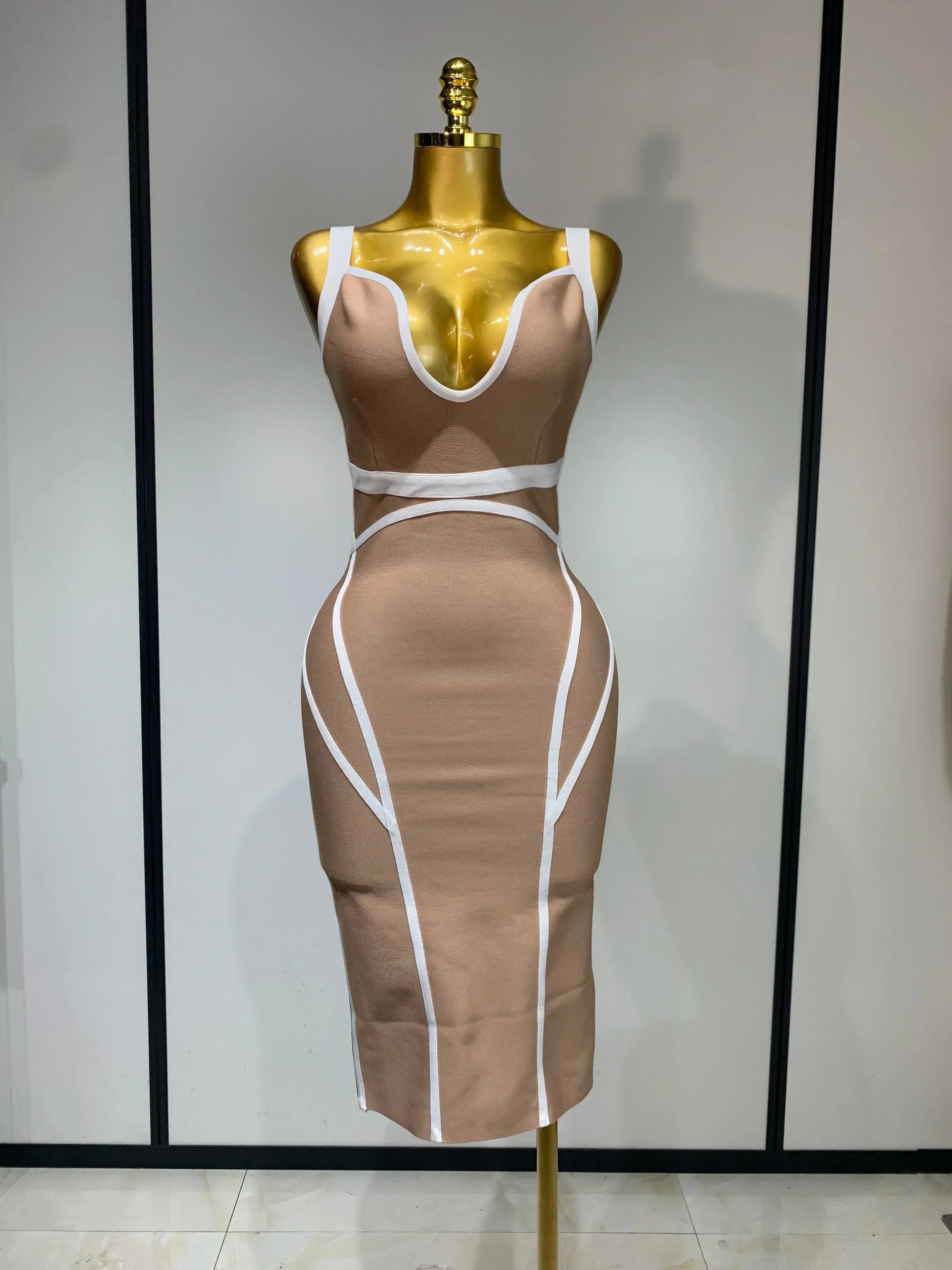Women Sexy V Neck Striped Midi Bandage Bodycon Dress Celebrity Elegant Evening Club Party Luxury Birthday Outfit Khaki