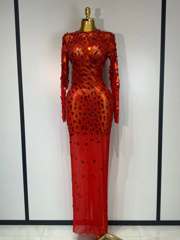Sparkly Sequin Red Long Dress Luxury Birthday Celebrate Wedding Evening Prom Clothing Sexy Mesh See Through Strech Evening Gown Red