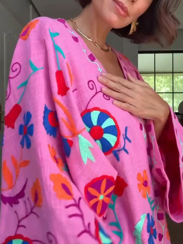 Deep V Embroidery Printed Lace Up Coat Women Bohemian V-neck Full Sleeve Loose Jackets New Fashion Early Autumn Ladies Outerwear