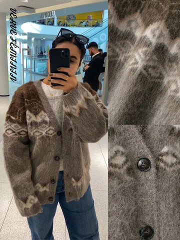 V-neck Fleece-Textured Jacquard Knitted Cardigan Women Fashion Long Sleeve Button Loose All-match Coat Chic Ladies Outerwear New