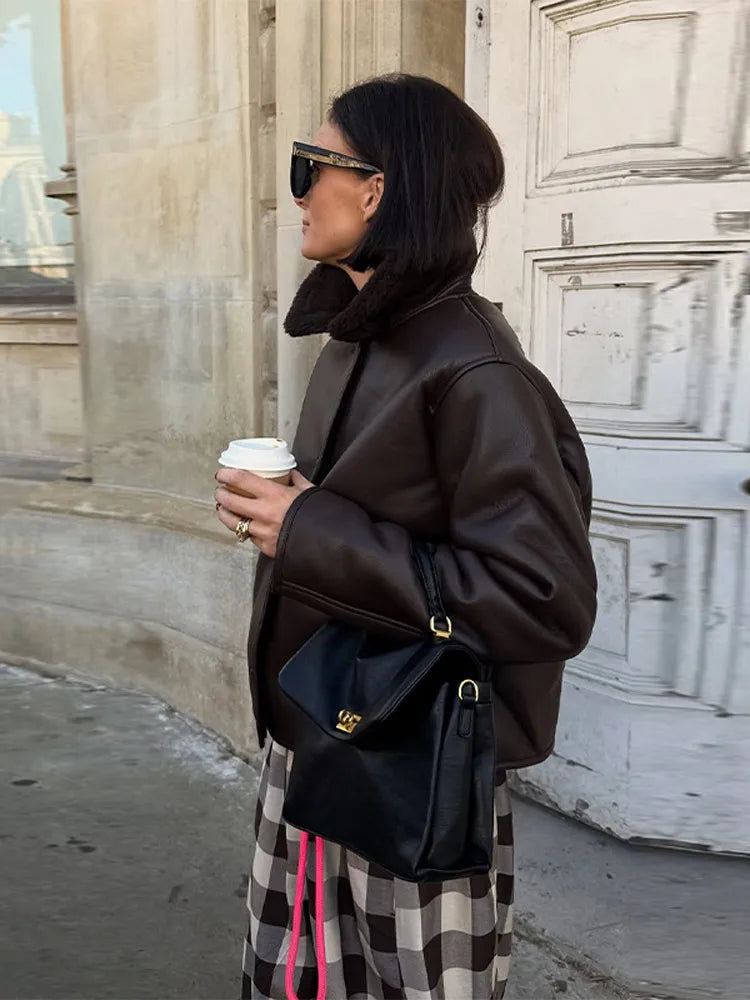 Women's Bomber Coats Reversible Faux Leather Jacket Street Female Lapel Long Sleeve Button Early Spring Coat New Lady Outerwears