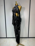 Women Sparkly Diamonds Tassels Chain Sexy Halter Backless Long Dress Evening Party Birthday Celebrate Celebrity Stage Costume