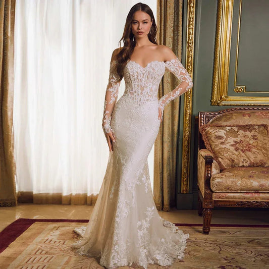 High Quality Mermaid Wedding Dress 2026 Sweetheart Long Illusion Sleeves Lace Appliques Bride Bridal Gowns Vestidos De Noiva