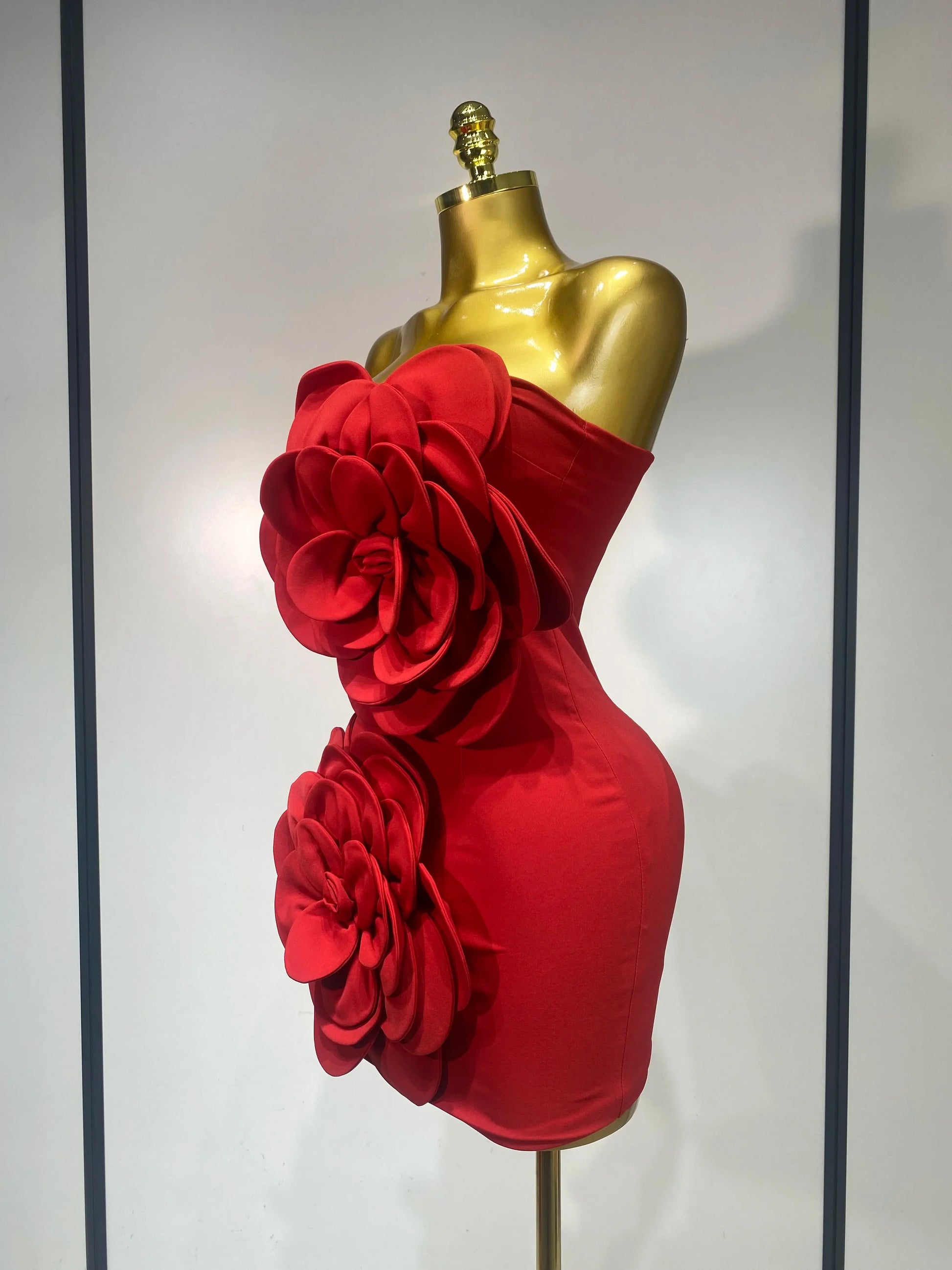 Women Sexy Strapless Backless Flower Red Mini Bodycon Dress Celebirty Elegant Evening Club Party Luxury Birthday Dresses