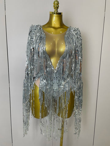 Flashing Sequins Tassels Sexy See-Through Sheath Bodysuit Evening Party Nightclub Dancer Stage Perfprmance Costume Silver