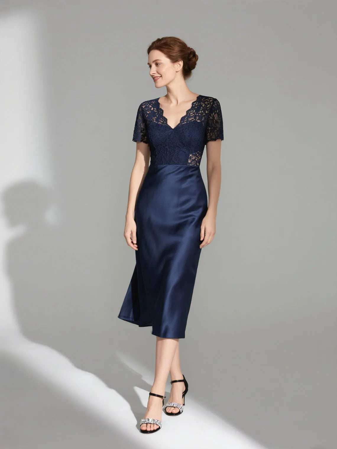 Mother Of The Bride Dress - Sexy A-Line V Neck Short Sleeves Mother of the Bride Dress Elegant with Lace Tea Length Wedding Guest Dress 2025 free customized