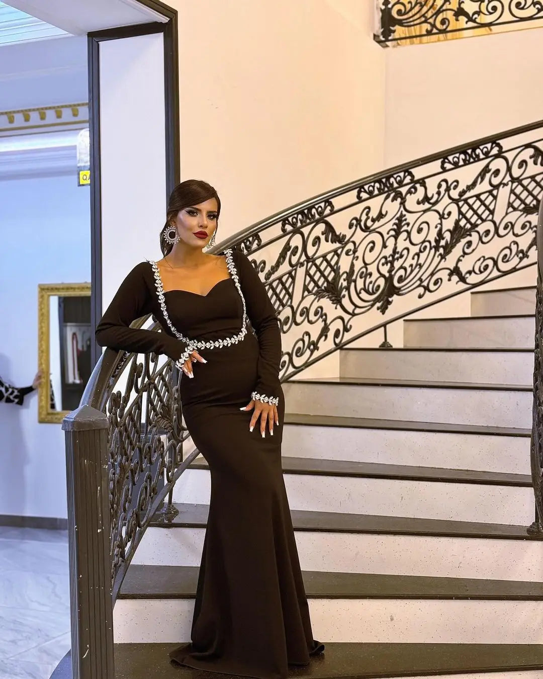 New Spring Women Long Sleeve Square Collar Sparkly Crystal Bodycon Long Bandage Dress Celebrate Evening Party Outfit black