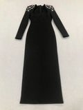 2024 Elegant Women Light Luxury Diamond Design Bandage Dress Square Neck Long Sleeve Bodycon Long Dress Christmas Party Vestidos black
